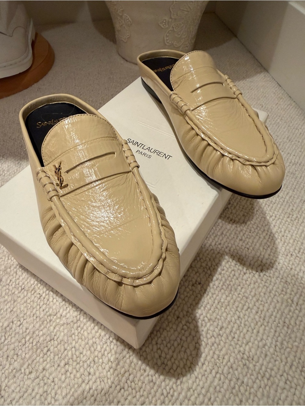 Saint Laurent Cream Leather Penny Loafer Mules with YSL Accent